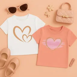 Luke and Lilly Cotton Knit Pack Of 2 Half Sleeves Hearts Printed Tees - White & Beige-picture-9