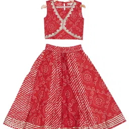 AATYA KIIDS Cotton Woven Sleeveless Bandhani Printed & Gota Lace Embellished Lehenga Choli Set - Red-picture-3