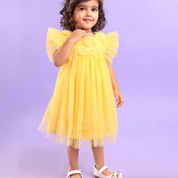Babyhug Half Flutter Sleeves Mesh Solid Color Party Frock Corsage Detailing - Yellow image 2