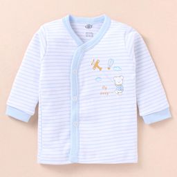 Zero Interlock Knit Full Sleeves Front Open Night Suit With Stripes & Bunny Print - Sky Blue image 2