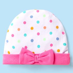 Babyhug Interlock Knit Cap Mittens & Booties With Polka Dot Print & Bow Applique - White image 2