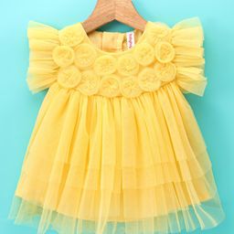 Babyhug Half Flutter Sleeves Mesh Solid Color Party Frock Corsage Detailing - Yellow image 3