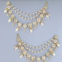 PRIVIU Gold-Plated Kundan Studded & Beaded 3 Layered Contemporary Ear Cuff-image-30