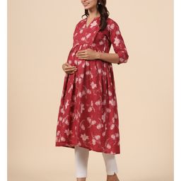 CRAFIQA Three Fourth Sleeves Floral Printed Maternity Kurta With Concealed Zipper Nursing Access - Red & White image 5