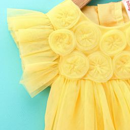 Babyhug Half Flutter Sleeves Mesh Solid Color Party Frock Corsage Detailing - Yellow image 5