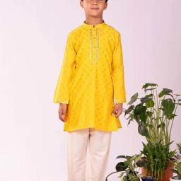VASTRAMAY Boys Yellow & Cream Printed Full Sleeves Kurta Sets-picture-10