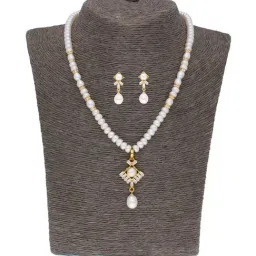 Sri Jagdamba Pearls White Pearl Gold Plated Necklace Set-image-81