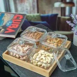 Goodhomes Transparent & Brown Glass Nut Bowl with Wooden Tray - Set of 5-38