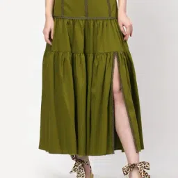 Lela Green Cotton Self Pattern A-Line Skirt-24