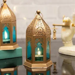 Homesake Antique Blue Metal Moroccan Lantern Candle Holder - Set of 2-15