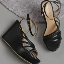 Truffle Collection Women's Black Ankle Strap Wedges-image-60