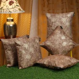Hosta Homes Golden Foil Embellished Brown Velvet Cushion Cover - Set of 5-76