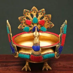 Ekaa Handicrafts Brass Peacock Urli Water Bowl Stonework-picture-48