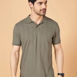 People By Pantaloons Olive Cotton Regular Fit Self Pattern Polo T-Shirt-image-80