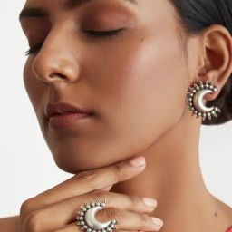 Ahilya Jewels 92.5 Sterling Silver Chandbali Silver Earring & Ring Set for Women-image-3