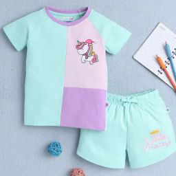 Bumzee Green Cotton Printed T-Shirt With Short for Girls-image-11