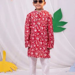 VASTRAMAY Boys Red & White Floral Full Sleeves Kurta Sets-picture-21