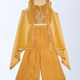 Utsa Kids by Westside Mustard Floral Ethnic Top, Pants and Shrug Set-picture-5