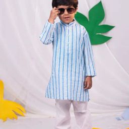 VASTRAMAY Boys Blue & White Cotton Printed Full Sleeves Kurta Sets-image-72