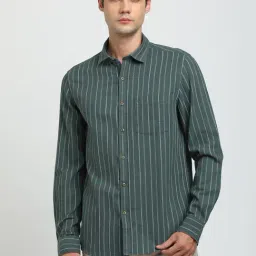 Turtle Dark Green Cotton Slim Fit Striped Shirt-image-49