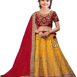 F Plus Fashion Girls Yellow Satin Semi-Stitched Lehenga Choli-picture-13