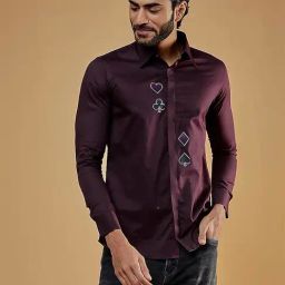 HE SPOKE Burgundy Tailored Fit Printed Shirt-image-58