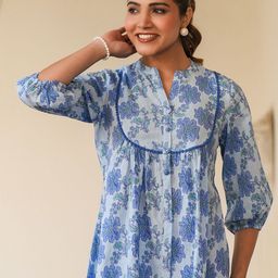 Janasya Women Floral Print Mandarin Collar Puff Sleeve Cotton Top-image-97