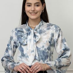 PURYS Print Tie-Up Neck Bell Sleeve Satin Top-picture-43