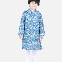 Aww Hunnie Full Sleeves Floral Trellis Print Jaipuri Cotton Kurta & Solid Pajama 100% Cotton Set - Blue & White-image-78
