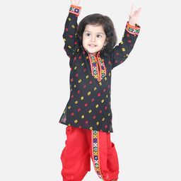 BownBee Full Sleeves Embroidered Placket & Trim Detailing Bandhani Kurta & Dhoti Set - Black-image-86