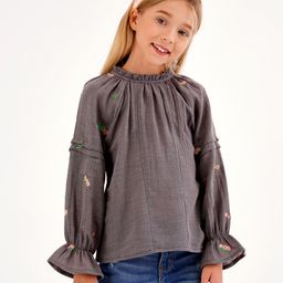 Primo Gino Cotton Viscose Full Sleeves Embroidered Top - Grey-image-42