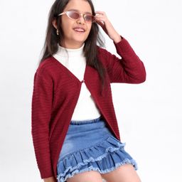 Pine Kids Full Sleeves Moderate Winter Front Open Shrug - Maroon-image-3