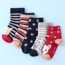 Mustang Cotton Blend Ankle Length Socks Teddy Design Pack of 5 - Red & Grey-image-41