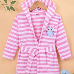 Babyhug Terry Knit Full Sleeves Bath Robe With Hood Owl Embroidery - Pink-image-43