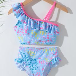 Kookie Kids One Shoulder Printed  Two Piece Swimsuit with Frill Detailing -  Blue-image-38