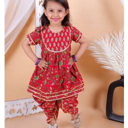 BownBee Pure Cotton Half Sleeves Floral Printed Lace Embellished Kurta & Dhoti Set - Red-image-60