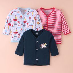 OHMS Single Jersey Cotton Knit Full Sleeves Front Open Vests with Stripes & Unicorn Print Pack of 3 - Navy Blue White & Red-image-8