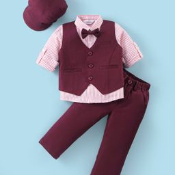Mark & Mia Full Sleeves Striped 3 Piece Party Suit with Hat & Bow - Wine-image-75