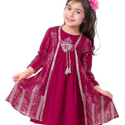 Babyhug Woven Sleeveless Ethnic Dress with Full Sleeves Embroidered & Sequined Border Jacket - Fuchsia-image-95