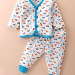 Bodycare Cotton Full Sleeves Front Open Winter Wear Thermal Set with Dino Print - Off White-image-88