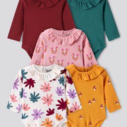 Bonfino 100% Cotton Knit Rib Fabric Full Sleeves Floral & Fox Printed Onesies Pack of 5 - Yellow White & Pink-image-44