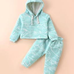 Ollypop Fleece Knit Full Sleeves Printed Hooded Winter Wear Co-Ord Set - Sea Green-image-5
