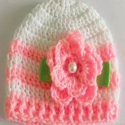 Knits & Knots Handmade Self Designed Floral Motif & Pearl Embellished Cap - Pink & White-picture-27