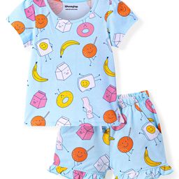 Honeyhap Premium Bio Finish Cotton Half Sleeves Shorts Night Suit With Breakfast Print - Light Blue-image-0