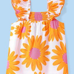 Babyhug Woven Sleeveless Top With Smock Detailing & Floral Print - White & Orange-image-16