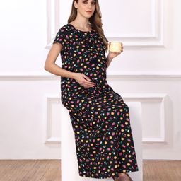 Bella Mama Cotton Knit Half Sleeves Concealed Zipper Strawberry Print Nighty - Black-image-76