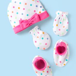 Babyhug Interlock Knit Cap Mittens & Booties With Polka Dot Print & Bow Applique - White-image-90