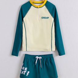 Pine Active Full Raglan Sleeves Two Piece Swimsuit With Logo Print - Teal Blue-image-81