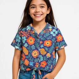 Pine Kids Woven Half Sleeves Shirt Style Top with Floral Print & Knot Detailing - Navy Blue-picture-27