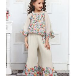 Lei-Chie Full Bell Sleeves Floral Printed & Striped Coordinating Top & Palazzo Set - Beige-image-7